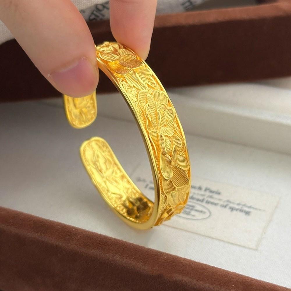 Peony Flower Chinese Style Bangle Opening Wrist Jewelry Exquisite Golden Bracelets Banquet