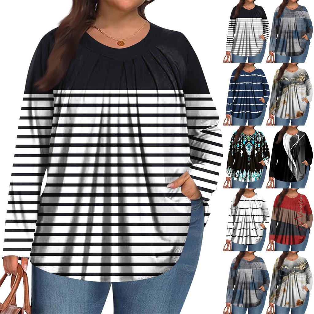 Women's Plus Size Fashion  Printed Casual Pleated Round Neck Long Sleeve Top