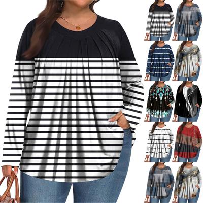 Moda de Talla Grande para Mujer Top Casual Estampado con Pliegues Cuello Redondo Manga Larga