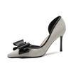 83318 [sheepskin] side empty high heels women's thin heels 2025 spring new pointed temperament bow single shoes