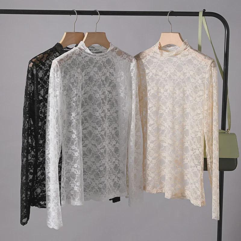 2024 Slim Korean Lace Mesh Pullover - Half-High Collar, Skin Color