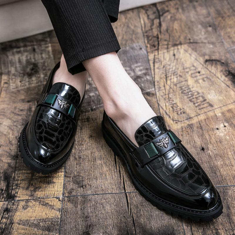 Dünne Lederschuhe Herren Britisch Business und Freizeit Ein-Pedal Innenhöhenerhöhung Atmungsaktiv Grün Friseur Formelle Herrenschuhe