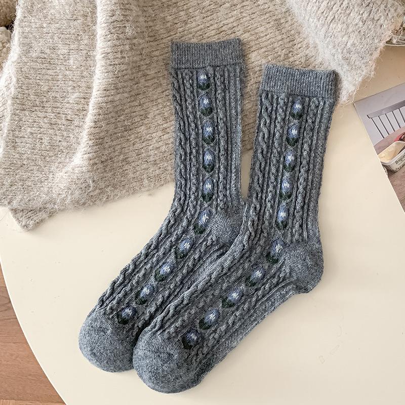 

Korean Sweet Floral Wool Mid-Calf Socks Cable Knit Slouchy Socks Thermal Winter Warm Crew Socks Vintage Patterned Boot One Size темно-сірий колір