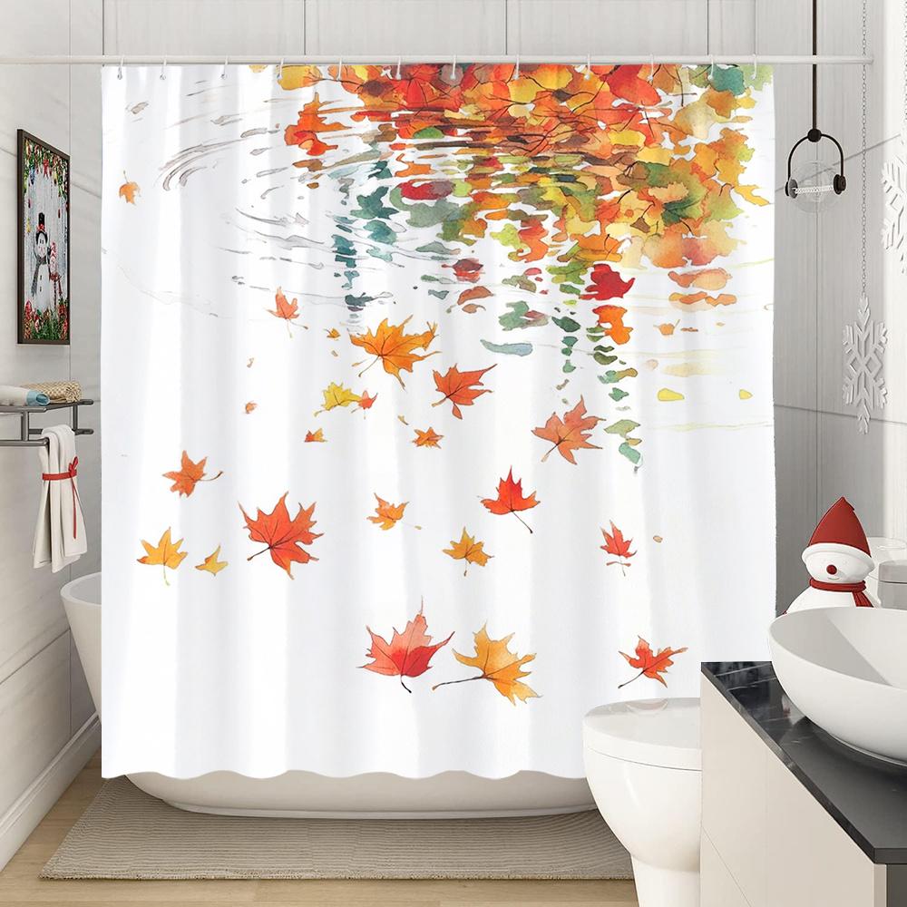 1Pc Autumn Maple Leaf Shower Curtain - Vibrant Fall Foliage Bathroom Decor With Red, Orange, Yellow, Green, White - Machine Wash