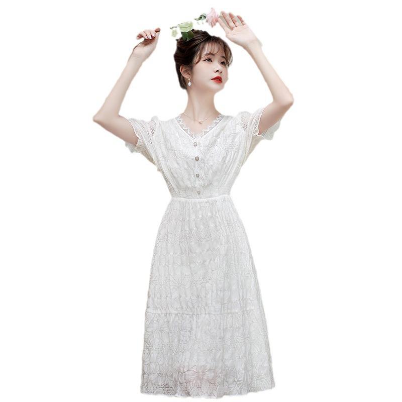 2024 Summer White Slim V-Neck Fairy Lace Dress – Mid-Length, Flattering Fit