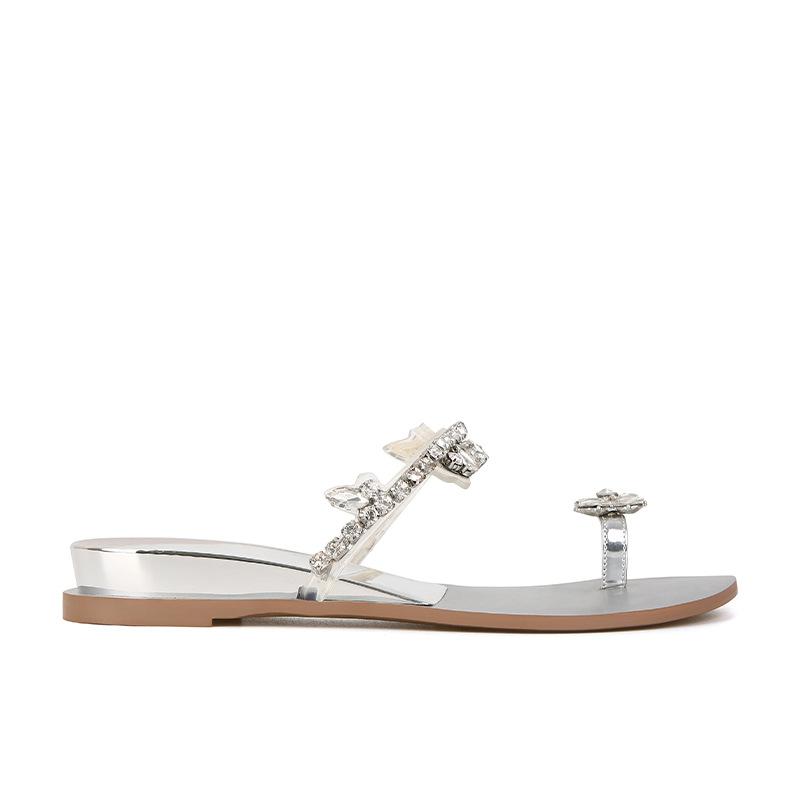 [] Sleepwalking in summer~ Flower diamond buckle slope heel set toe flat-bottomed slippers women's sandals wear summer