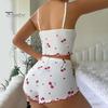 2 Teile/satz Damen Weste Shorts Anzug Schleife Kirsche Print U-Ausschnitt Ärmelloses Top Hohe Taille Kurze Hose Homewear Loungewear Outfit Sommer Nachtwäsche