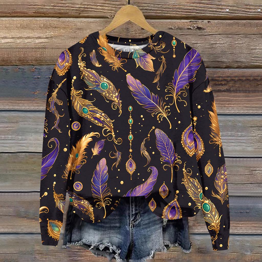 Damenmode Bedrucktes Langarm Locker Rundhals Sweatshirt Top