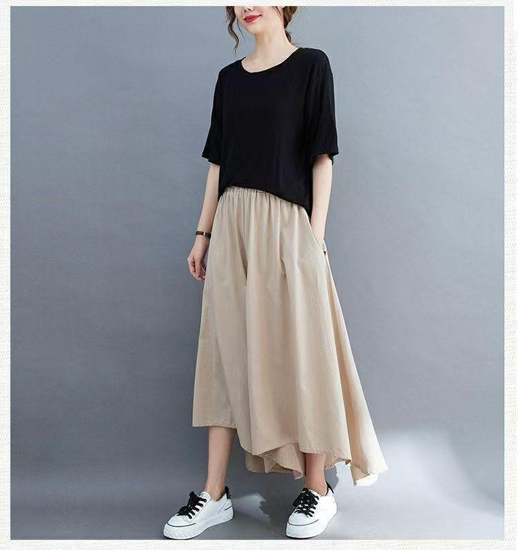 Plus Size Women's Loose Nine-Tenths Pants Skirt: Summer Slimming Irregular Wide-Leg with Pockets