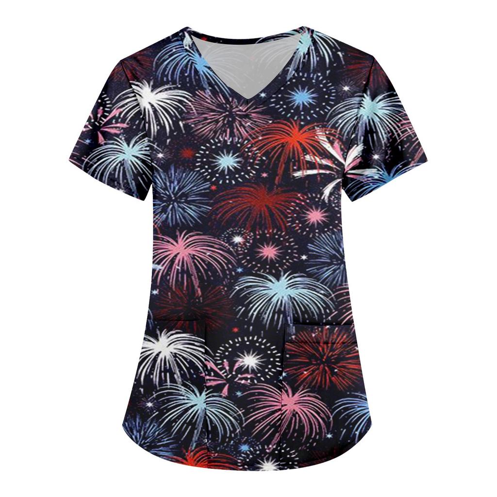 Medical Uniform V-Neck T-Shirts Working Hospital Halloween Short Sleeves Surgical Print Nurse Medical Scrub Print Tops Women Blo