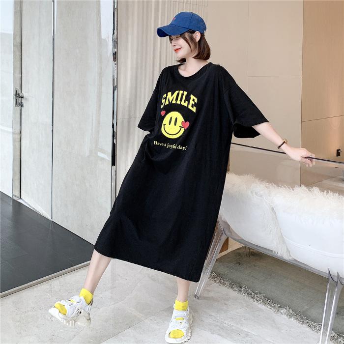 Korean version of summer loose loungewear lazy style round neck letter printing long cotton T-shirt maternity dress women