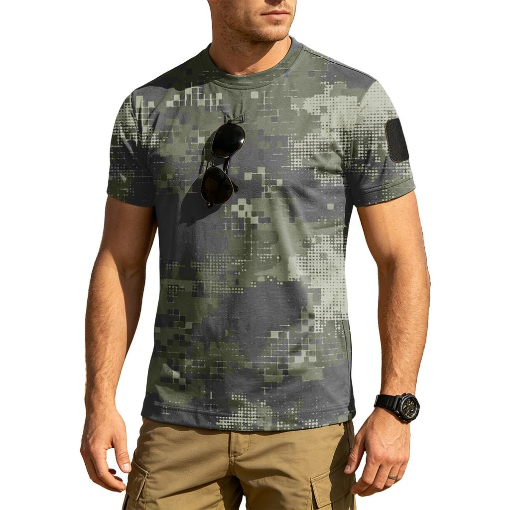 Men's Tactical Outdoor Quick Dry Short Sleeve T Shirt Loose Fit Breathable Crew Neck Camouflage Print with Hook and Loop Patch Area
