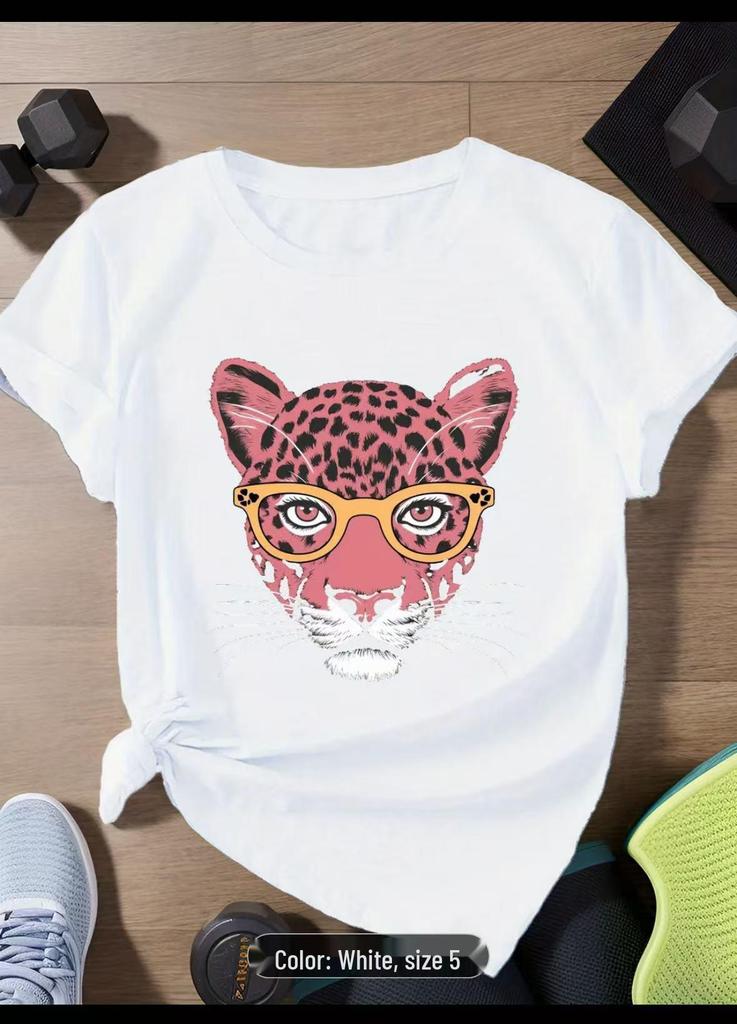 Pink Tiger Print Loose-Fit Cotton T-Shirt - Casual Round Neck, Short Sleeve, Comfortable, Age-Reducing, Personalized Slimming Design