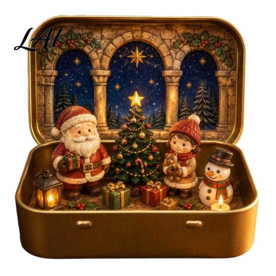 Christmas Mantelpiece A Tin Set in Ornament Mini Box, Pocket Size Holiday Scene Desktop