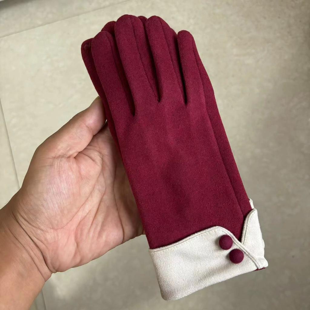 Autumn Winter Modal Women Warm Gloves Korean Fleece Lined Touchscreen Plush Color Block Riding Finger Gloves