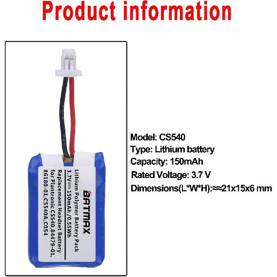 Batmax 2Pc CS540 Battery Replacement for Plantronics CS540, C054, 84479-01, 86180-01, CS540A, CS540, C054 Wireless Headset