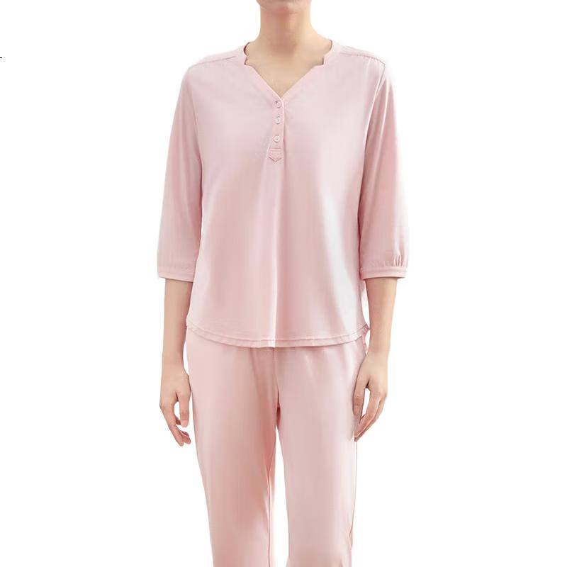 Schiesser [Zero Carbon Lyocell] Women's V-Neck Skin-Friendly Pajamas, Three-Quarter Sleeve Long Pants Loungewear Set