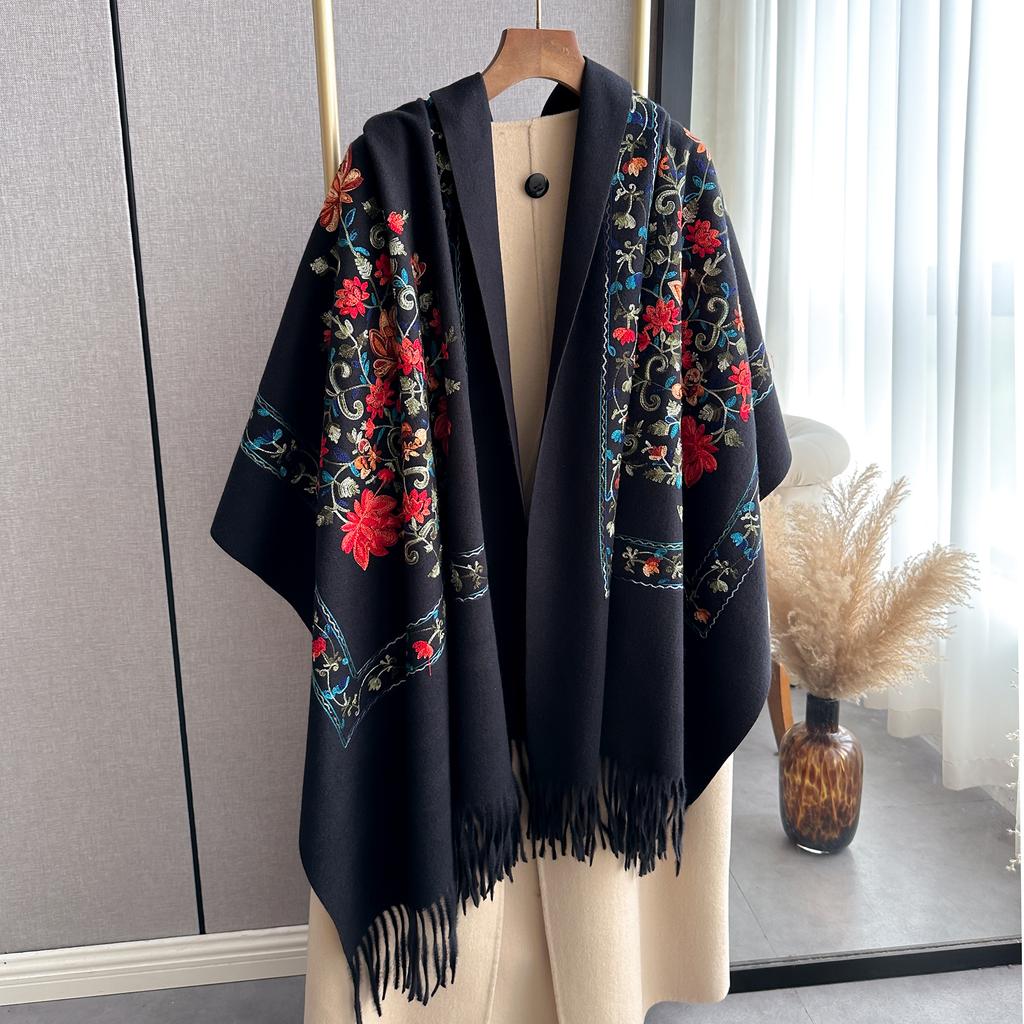 Fashion Luxury Embroidery Scarf Elegant Women Winter Thick Warm Neck Pashmina Long Fringe Scarves Lady Blanket Soft Shawl