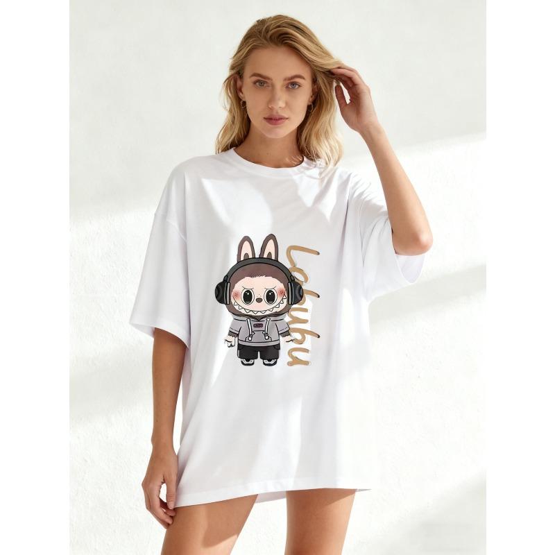 Oversized T Shirt Black Cartoon Rabbit With Headphones And Lolubu Text Print Casual Streetwear For Women