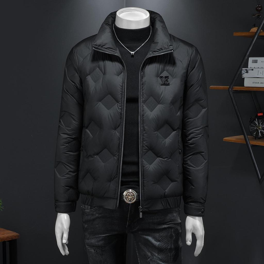 2025 Winter Men's Embossed Stand Collar Down Jacket - European Style Trendy Casual Outerwear