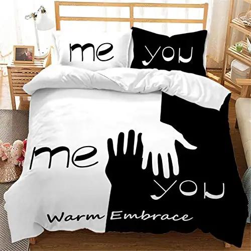 Black And White Duvet Cover Set King And Queen Bedding Set For Couple Romantic Valentine's Day Presents Polyester Duvet Cover