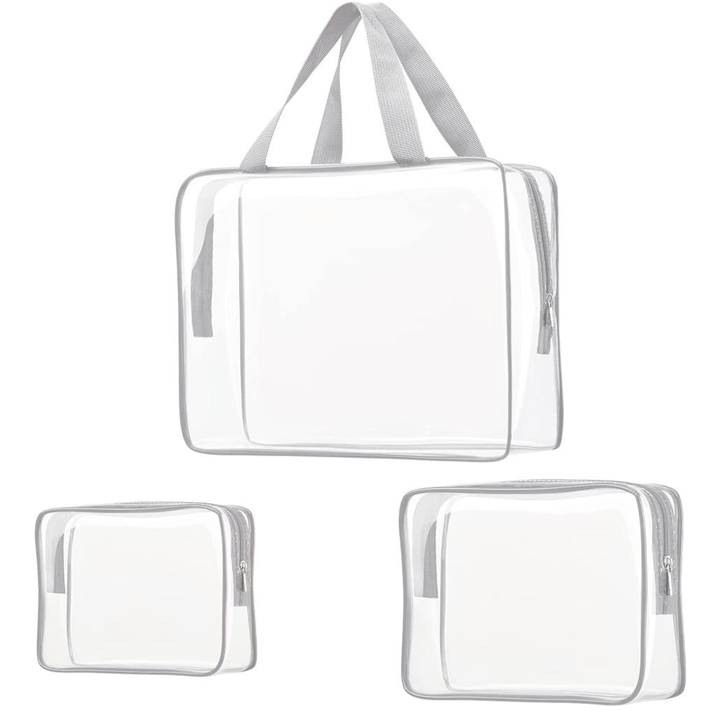 Set da 3 Sacchetti Cosmetici Trasparenti Extra Spessi — Pochette Impermeabili da Viaggio per Articoli da Toeletta e Organizer con Manici