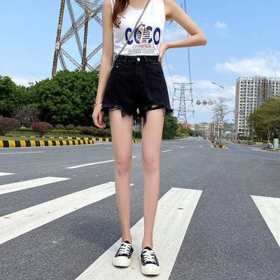 Black Denim Everyday Shorts for Women In Summer High-Waist Updated Style Burrs and Holes A-line Comfortable Fit and Slimming