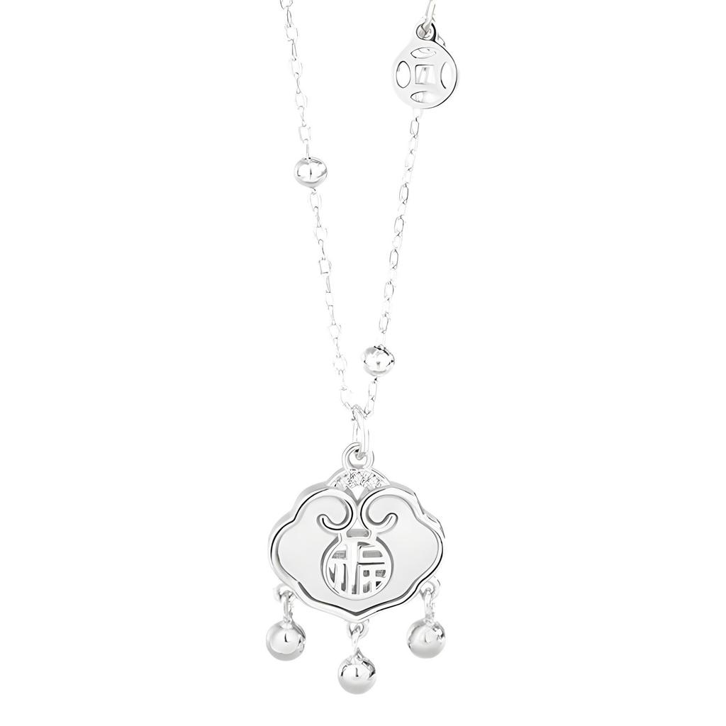 S925 Sterling Silver Good Fortune Longevity Lock Necklace with Natural White Shell for Women – Ethnic Fashion Clavicle Chain