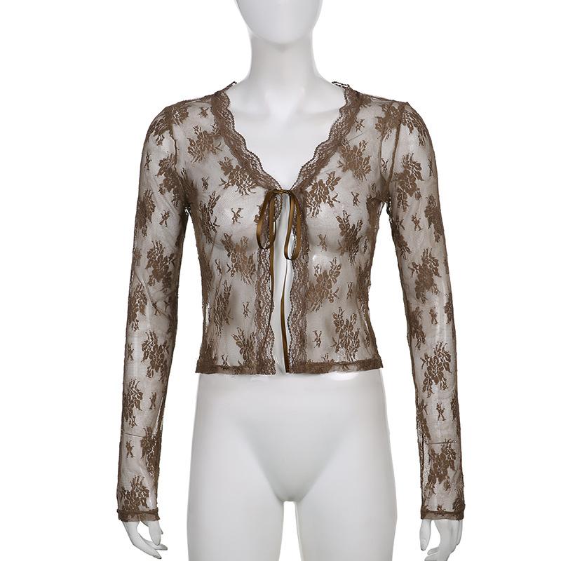 Bluză din dantelă din plasă pentru femei de vară cu mânecă lungă în perspectivă subțire Top guler în V Cardigane din dantelă Cămașă Crop tops