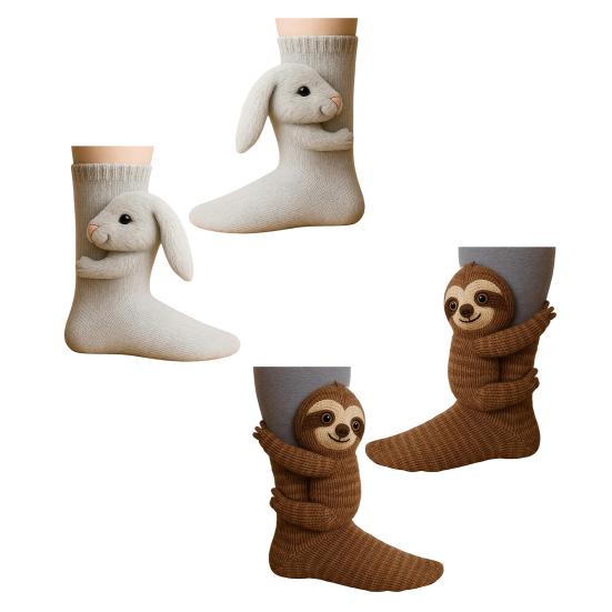 2 Pairs 3D Knit Animal Socks Hand Crocheted Animal Doll Socks Sloth Cute Warm Winter Socks for Men Women Animal Lovers Gifts