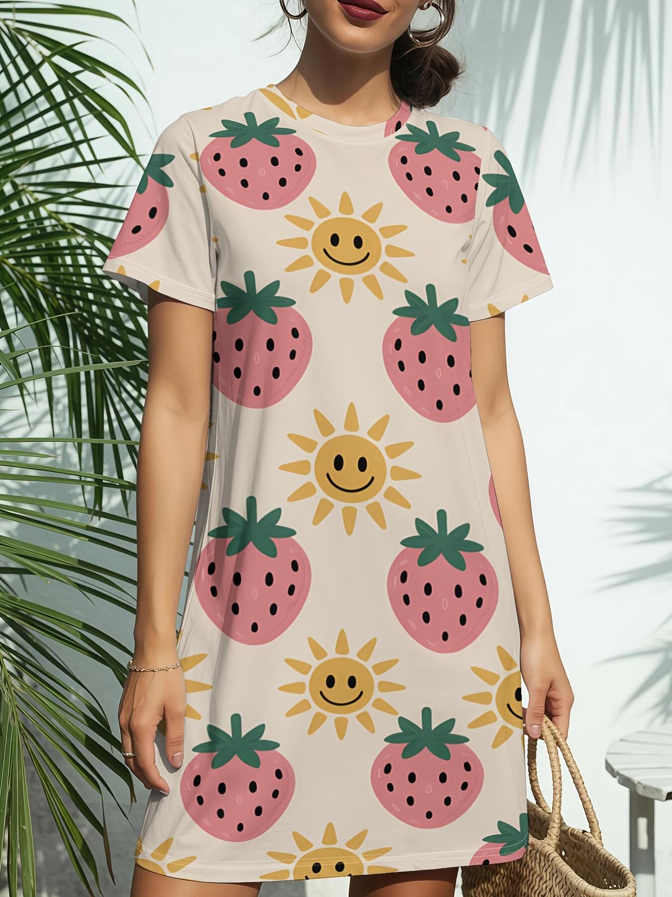 

Strawberry SunshineNew Arrival Women s Round Neck Short-Sleeve T-shirt Dress.American Trendy Digital Print. Casual Versatile Style for Spring and Summ XL дубильная кора