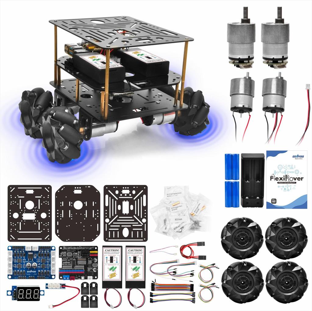 OSOYOO FlexiRover Robot Car Kit for Raspberry Pi Pi 520 Motor with Mecanum Servo High Capacity System Pi Not – 2/3/4/5, Encoder, Wheel, Support,
