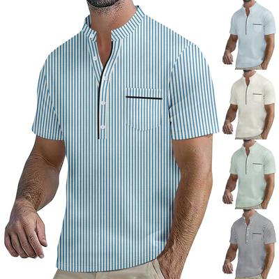 Męskie letnie topy w paski z kołnierzykiem zapinanym na guziki i krótkim rękawem Męskie codzienne luźne modne topy z kieszeniami