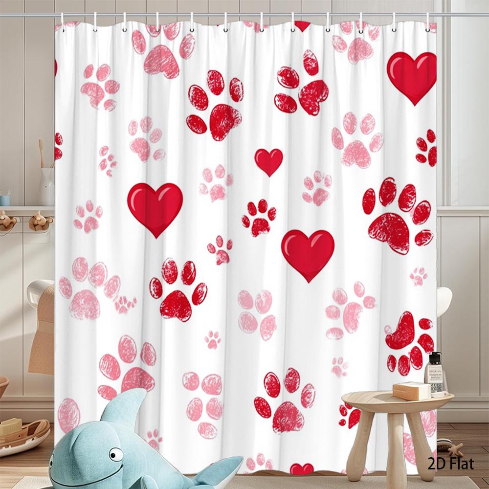 Paw Print Heart Shower Curtain 1Pc – Red & Pink Dog Paws With Love Symbols, Cute Pet Lover Art For Romantic Bathroom Decor