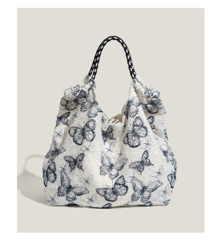 Geantă de pânză elegantă cu fluture din dantelă Mao Yun - Geantă de mână mare pentru femei Primăvară/Vară