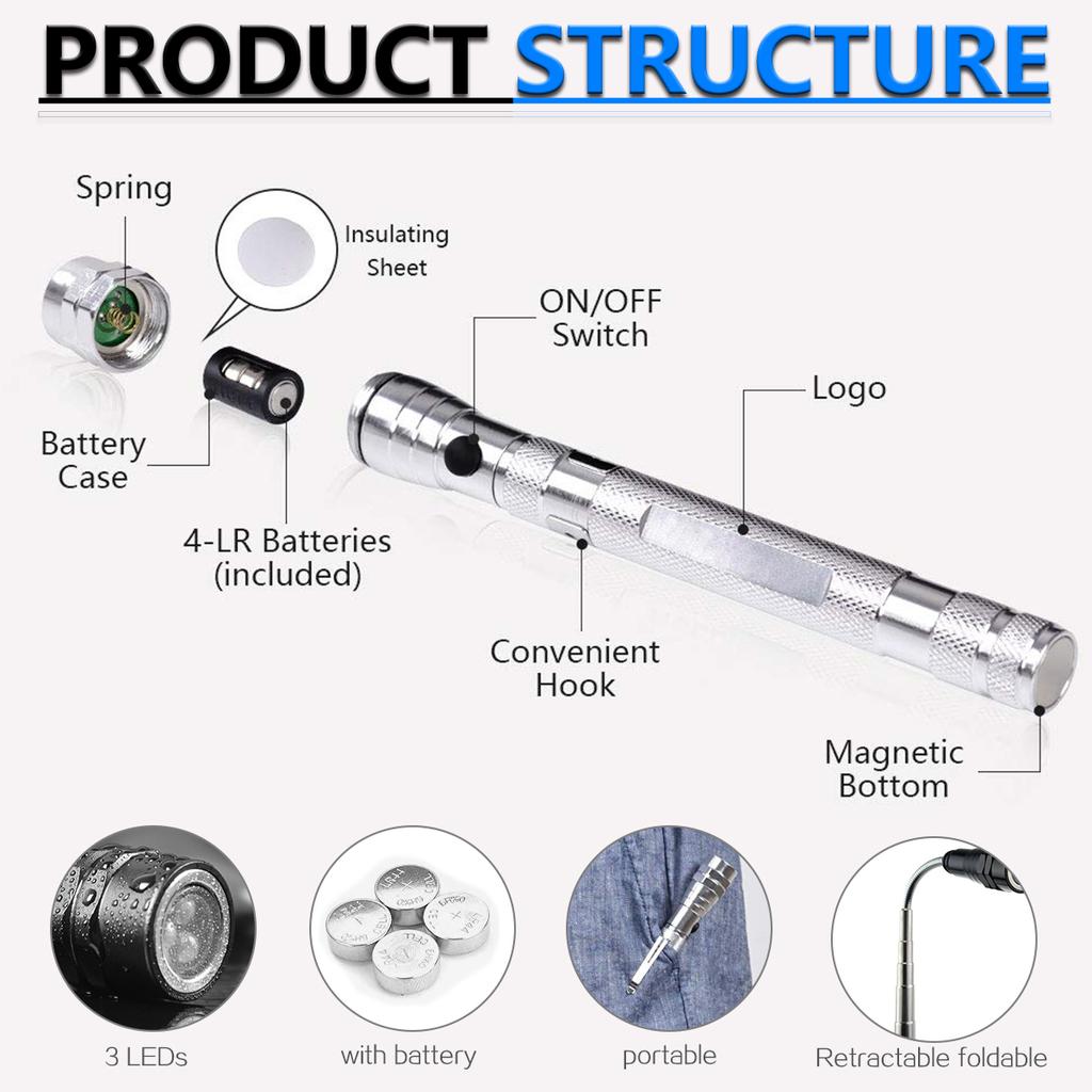 Portable LED Flashlight Outdoor Tools Emergency Light Flexible Head 3 LED Flashlights Telescopic Torch with Magnet