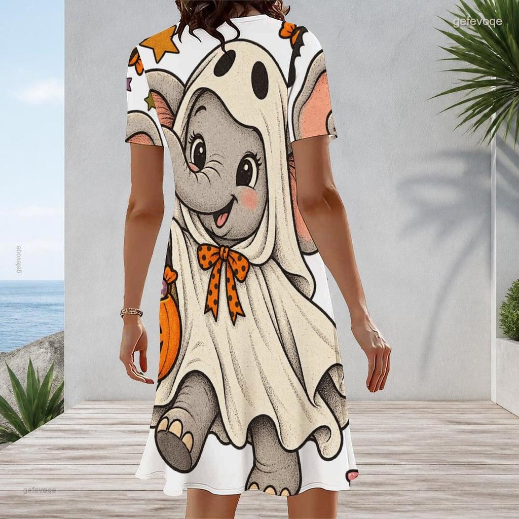 Women Plus Size Round Neck Short Sleeve Halloween Sloth Printed A Line Dress