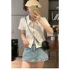 Polo Neck Short-sleeved T-shirt for Women In Summer Design Double Zipper Short Navel Versatile Student Top