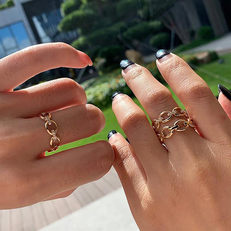 Huitan Chain Linked Women Ring Wedding Engagement Gold Color Accessories Inlaid Bright CZ Fashion Party Versatile Luxury Jewelry