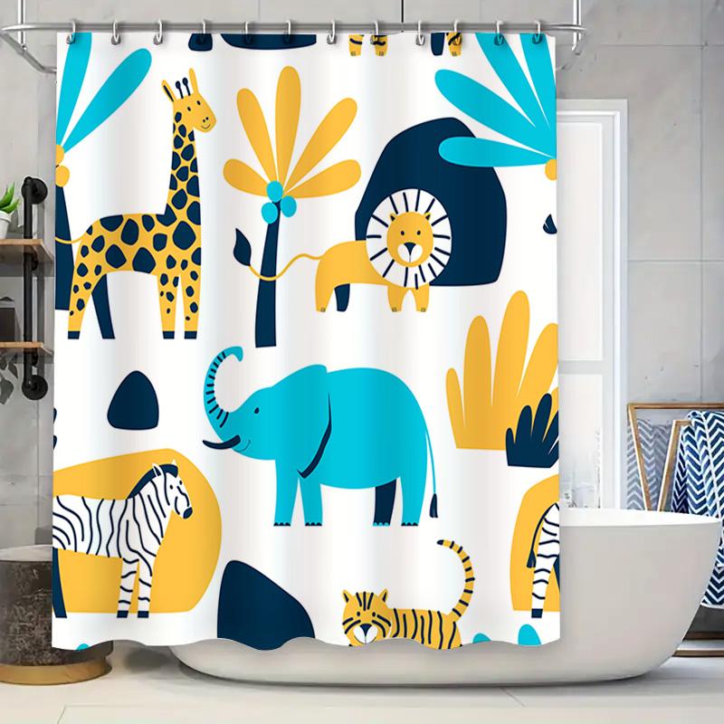 

Animal-Themed Shower Curtain With Cartoon Style Print For Bathroom Decor Blue, Yellow White Design Suitable For Kids Or Animal L W60H190(CM)-1 Pcs