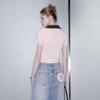 UNIFREE Women's Chic Slim Fit Color Block Lapel T-Shirt