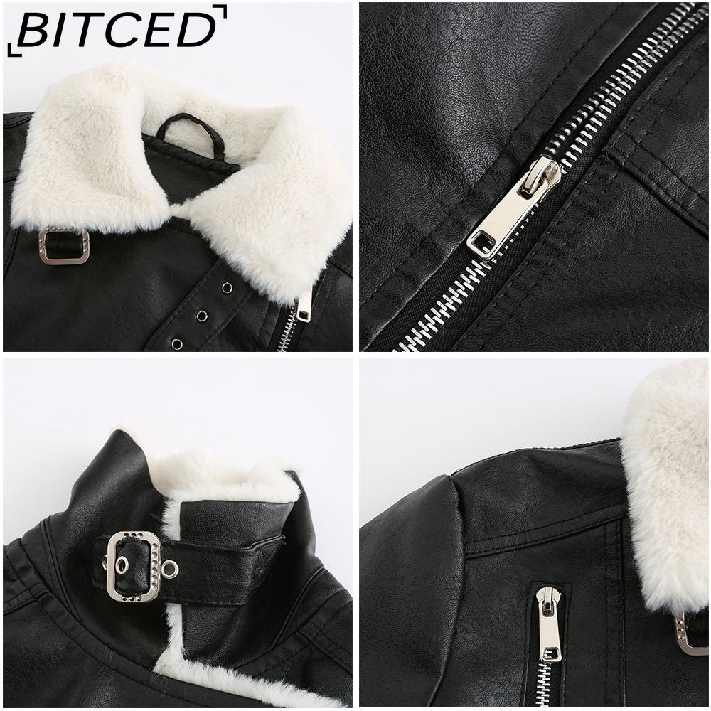 BITCED Autumn/Winter Faux Fur-Lined Leather Jacket for Women with Fleece Lining, Long Sleeves, Warm Coat, Casual Style