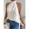Top da donna con collo alto senza maniche allacciato al collo vestibilità aderente elegante tinta unita con balze in chiffon camicetta