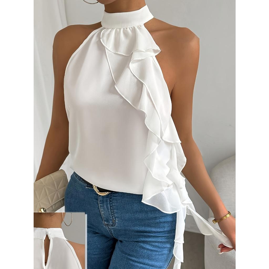 Top da donna con collo alto senza maniche allacciato al collo vestibilità aderente elegante tinta unita con balze in chiffon camicetta