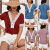 Solid Color Patchwork Hollow Lace Waffle V-neck Top for Women Shirt