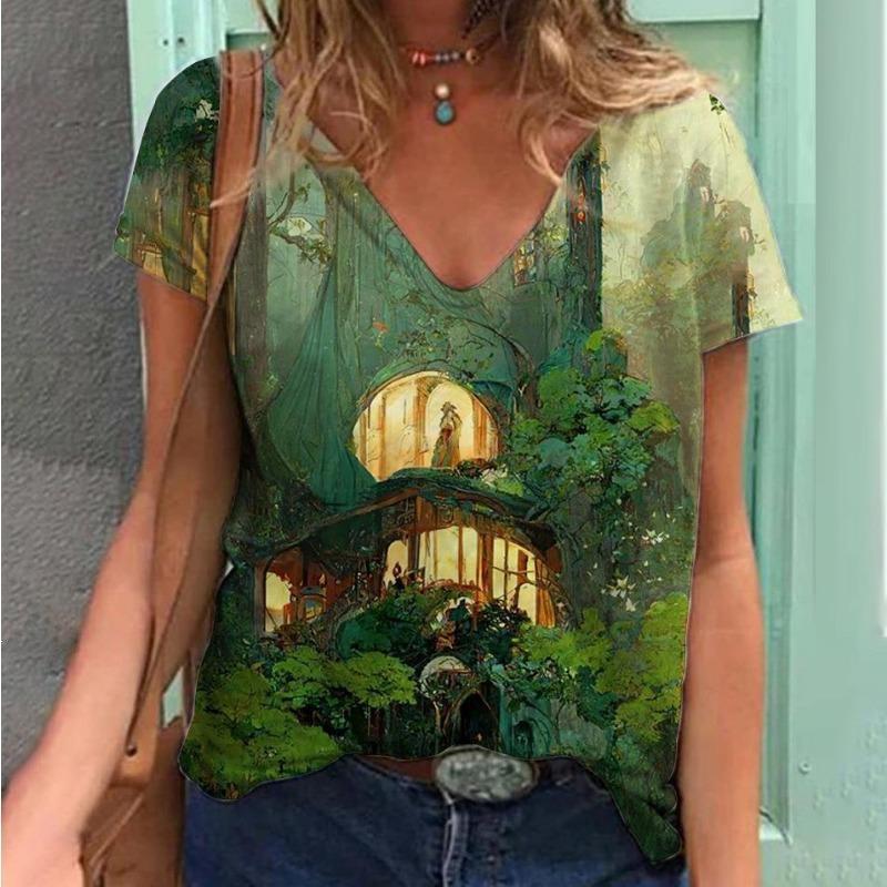 

Футболка с V-образным вырезом, с короткими рукавами, свободного кроя, с принтом в стиле тушевой живописи, 3D-печать, летний тренд, быстросохнущая, женская одежда, рубашка 5XL