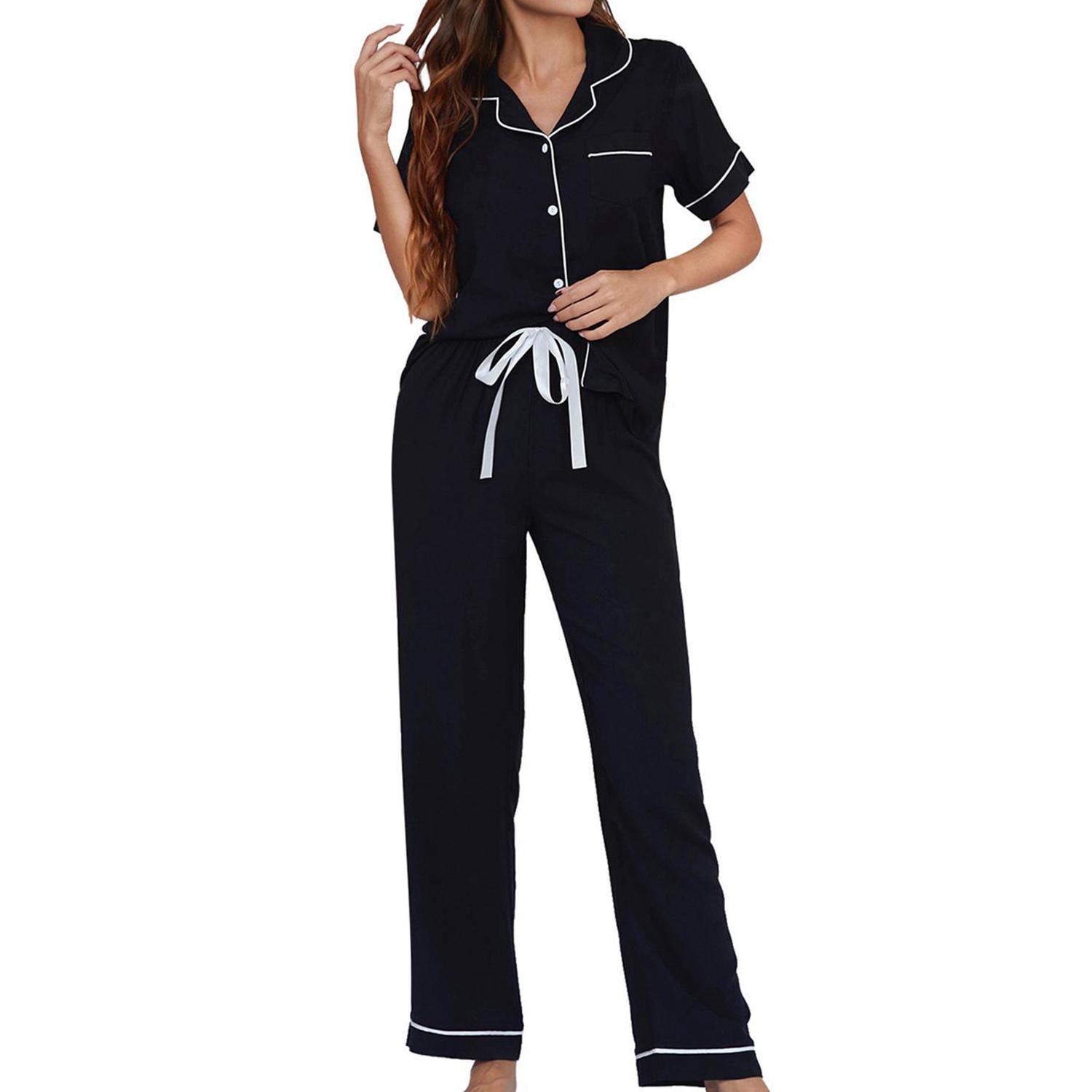 

Женские пижамы из искусственного шелка, однотонные рубашки с короткими рукавами и пуговицами, длинные брюки, двухсекционные спальные костюмы, летняя одежда для дома, удобная домашняя одежда L чёрный