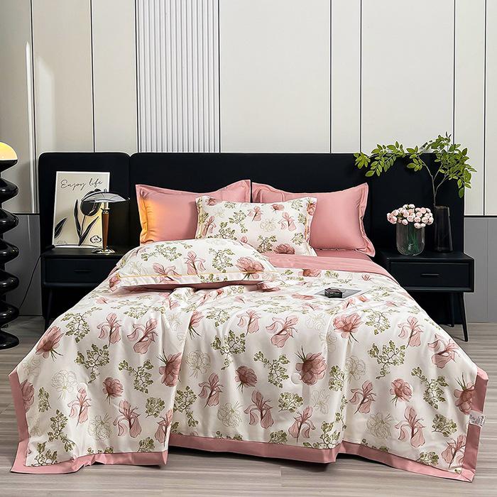Printed Tencel Summer Quilt 4-Piece Set - Cooling Ice Silk for Naked Sleep, Smooth Gift Quilt