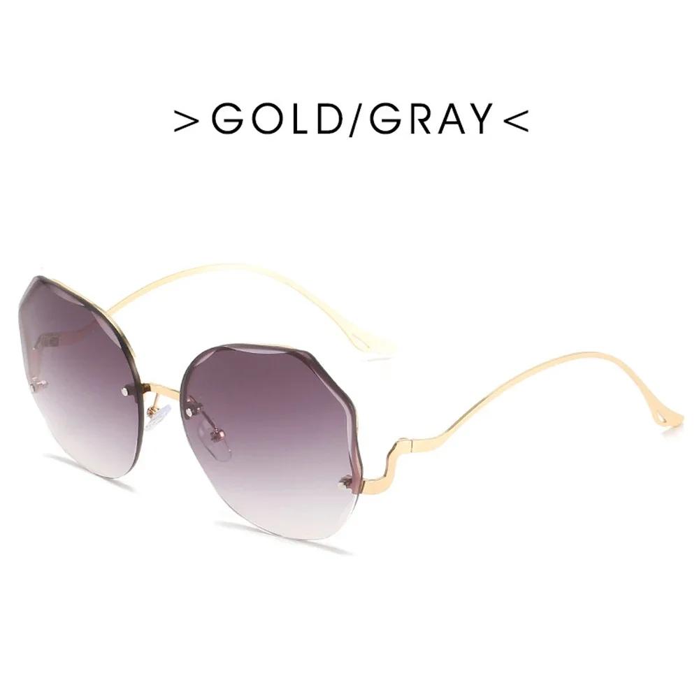Fashion Tea Gradient Sunglasses Women Ocean Water Cut Trimmed Lens Metal Curved Temples Sun Glasses Female UV400