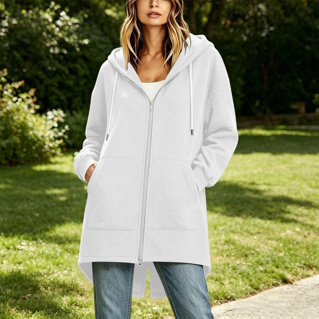 Women's Long Zip Up Hoodie Jacket Loose Fit Casual Outerwear with Pockets Lightweight Hooded Coat for Everyday Wear